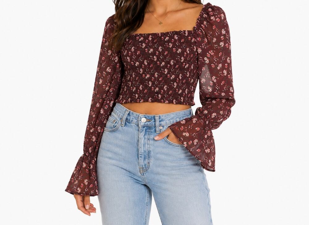 Wild Fable Maroon Floral Print Smocked Long Sleeve Boho Style Crop Top